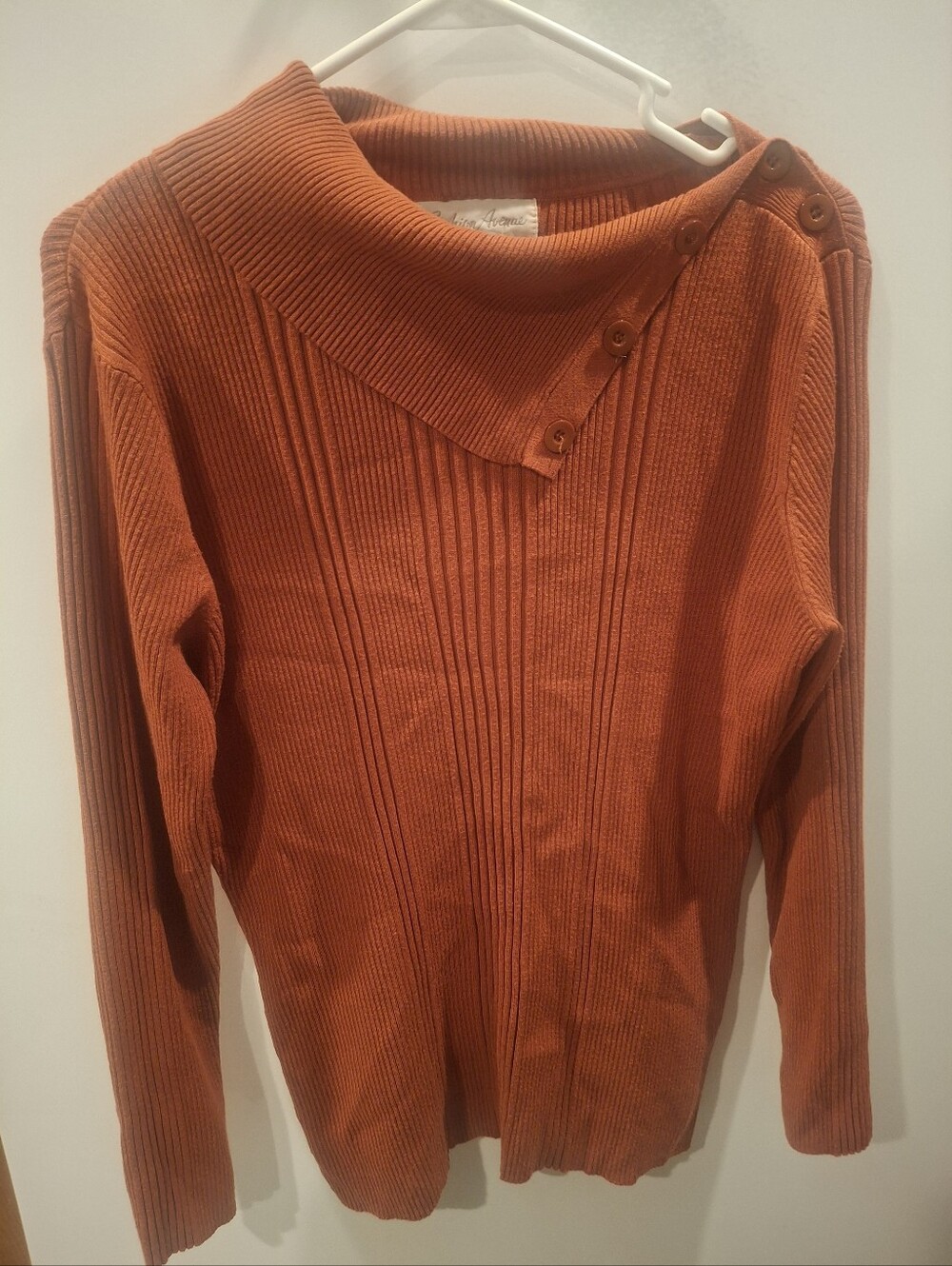 Button-Detail Ribbed Cowl Sweater in Rust